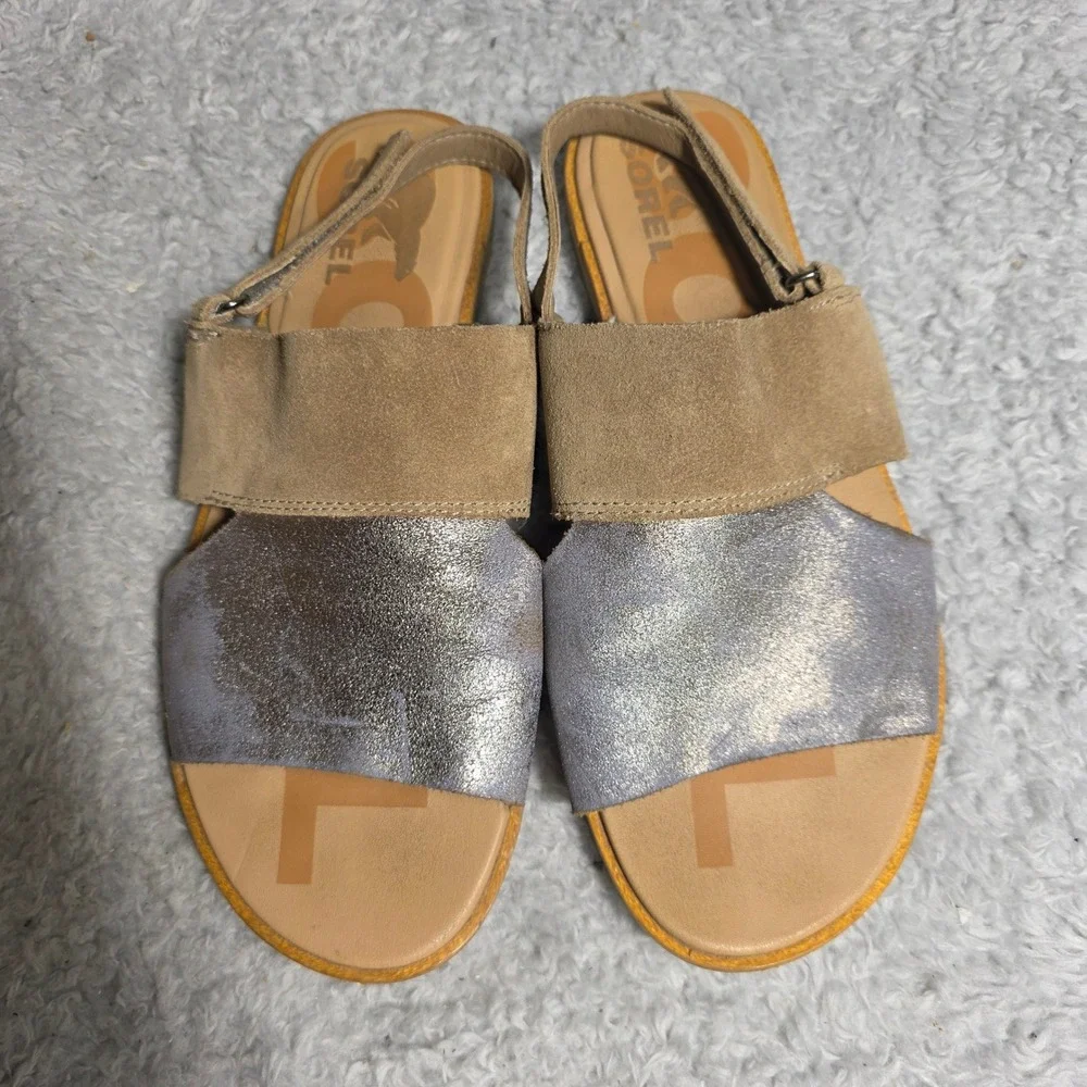Sorel Ella Slide Sandal Tan‎ Silver Metallic Adjustable Heel Women 8 Excellent